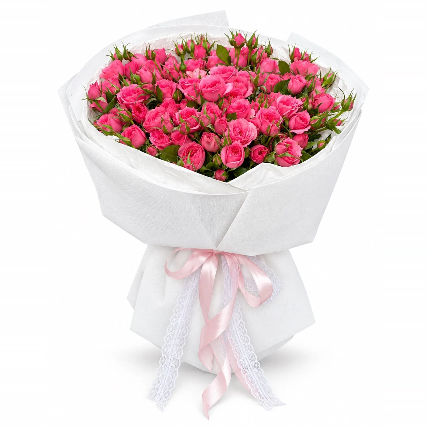 Halina Fuşya Sprey Gül Pembe Kurdeleli Beyaz Buket