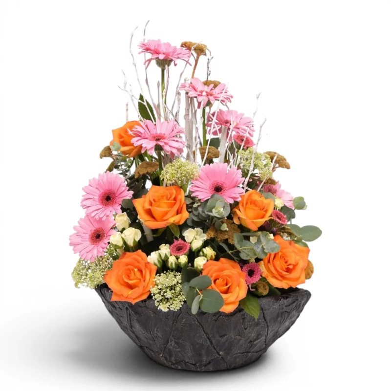 Taş Kasede Turuncu Gül ve Pembe Gerbera Aranjmanı